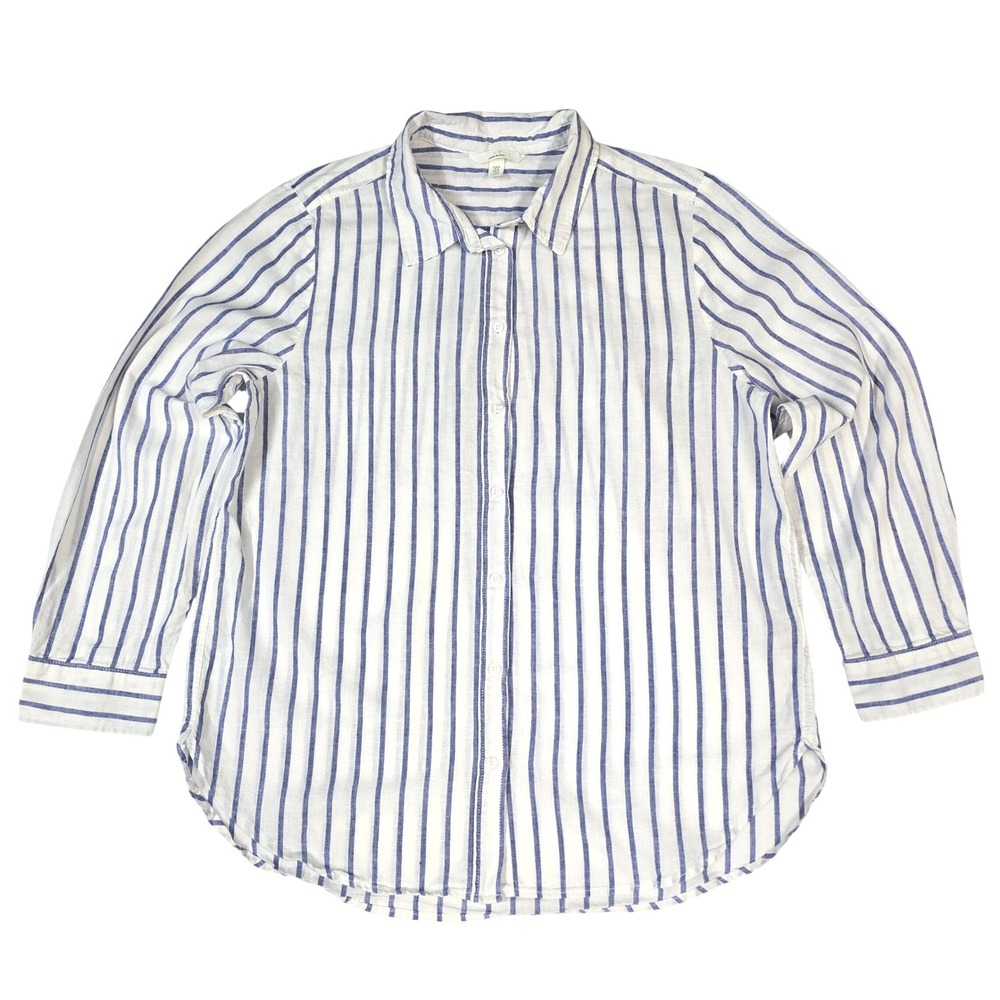 HM Linen Blend Striped White Button Down Beachy Shirt Womens Medium Blue Resort